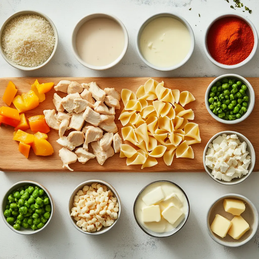 Chicken Pot Pie Pasta: Quick Comforting Family Meal 5 CHICKEN POT PIE PASTA centered hero view, clean and uncluttered