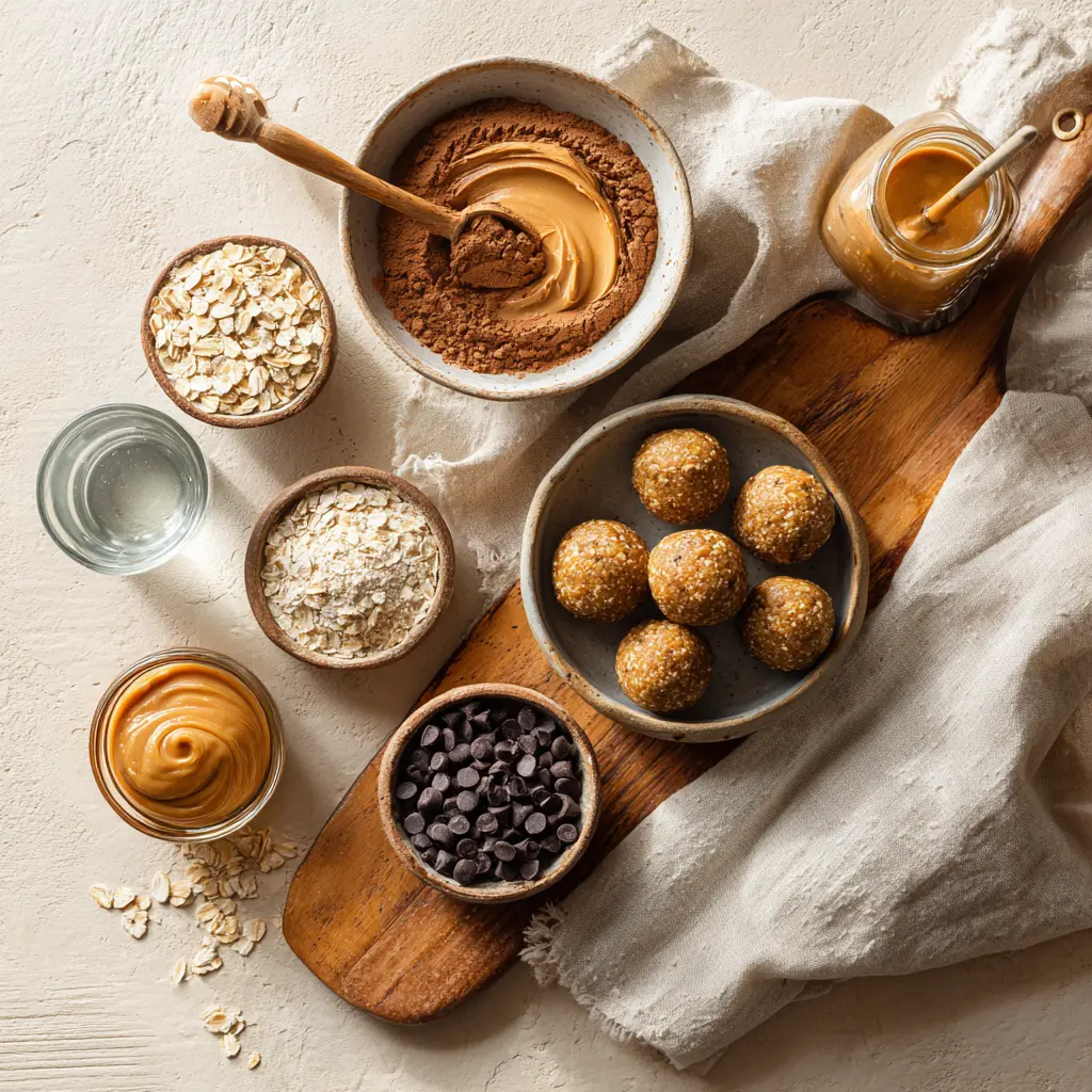 Chocolate Peanut Butter Protein Balls: Easy Delicious Recipes 5 CHOCOLATE PEANUT BUTTER PROTEIN BALLS on white napkin with glass of water warm natural light