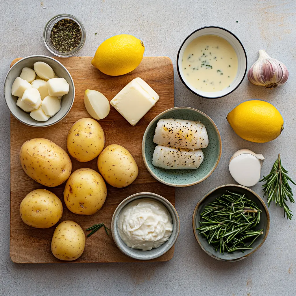 Cod Potatoes in Rosemary Cream Sauce Cozy Dinner Recipe 5 COD POTATOES IN ROSEMARY CREAM SAUCE centered hero view, clean and uncluttered