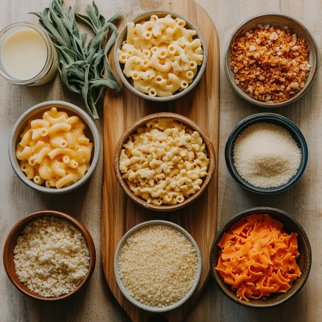 CREAMY BAKED MAC AND CHEESE centered hero view, clean and uncluttered