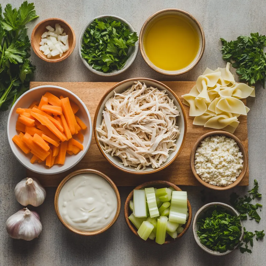 Creamy Chicken Noodle Soup for Irresistible Comfort 5 CREAMY CHICKEN NOODLE SOUP centered hero view, clean and uncluttered