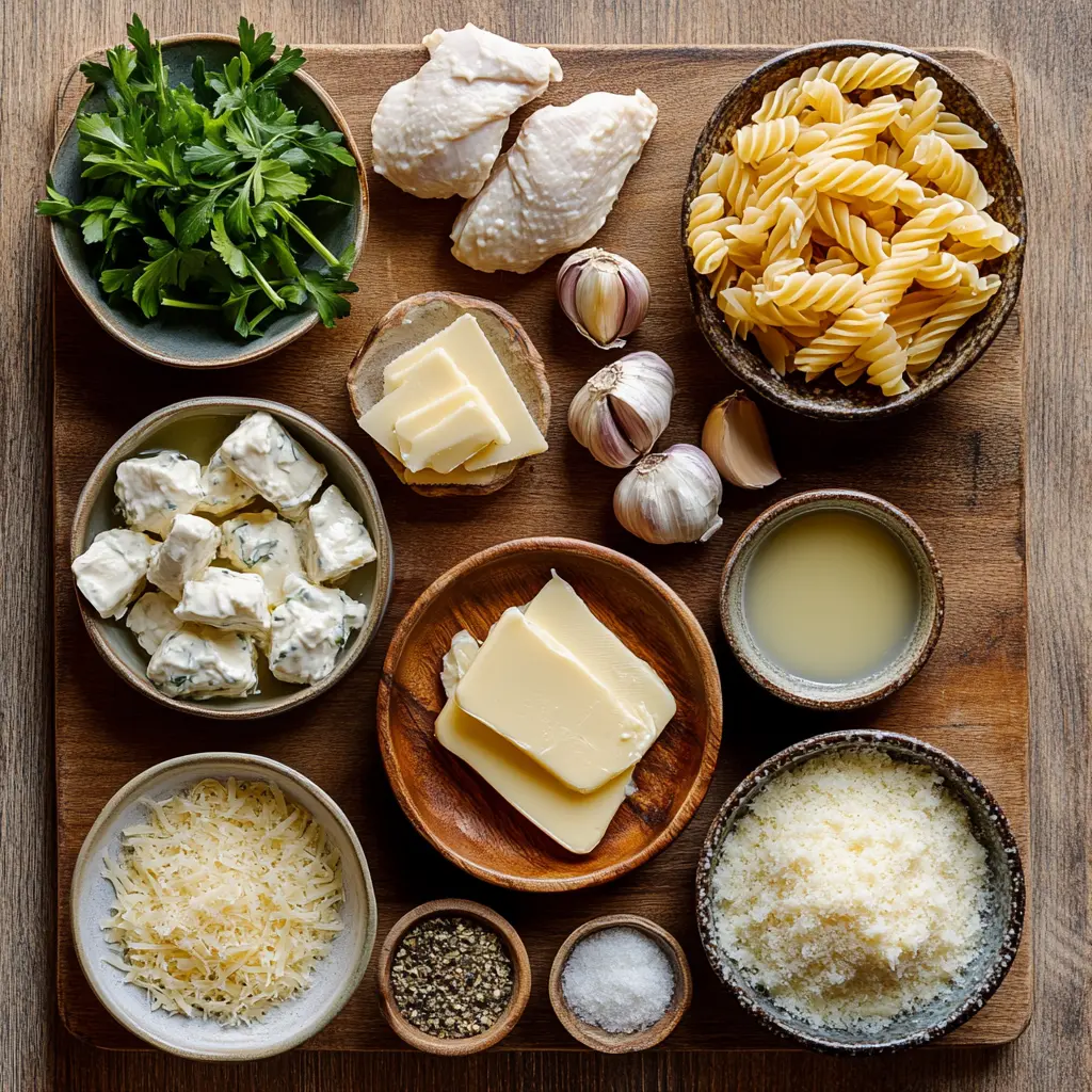 Creamy Garlic Parmesan Chicken for Irresistible Dinner 5 CREAMY GARLIC PARMESAN CHICKEN WITH CHEESY TWISTED PASTA centered hero view, clean and uncluttered