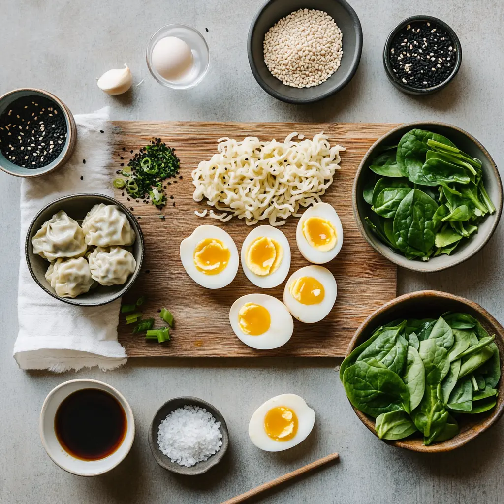 Dumpling Ramen Bowl: Easy Delicious Recipe to Love 5 DUMPLING RAMEN BOWL with dumplings ramen eggs spinach green onions black sesame seeds
