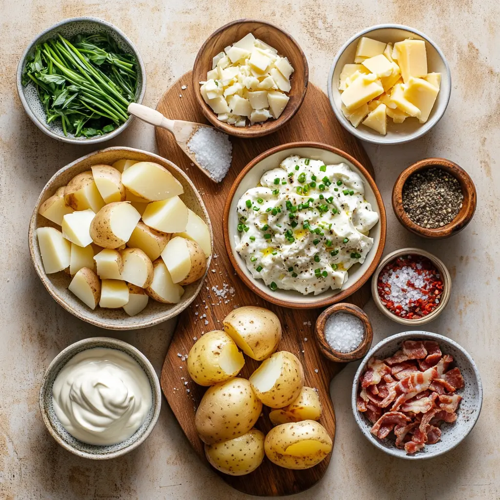EASY AIR FRYER BAKED POTATO with melted butter chives cheese and bacon on white napkin