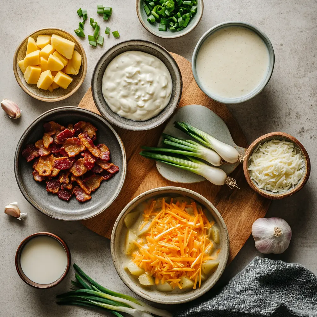 Easy Baked Potato Soup: Delicious Quick Recipe 5 EASY BAKED POTATO SOUP centered hero view, clean and uncluttered