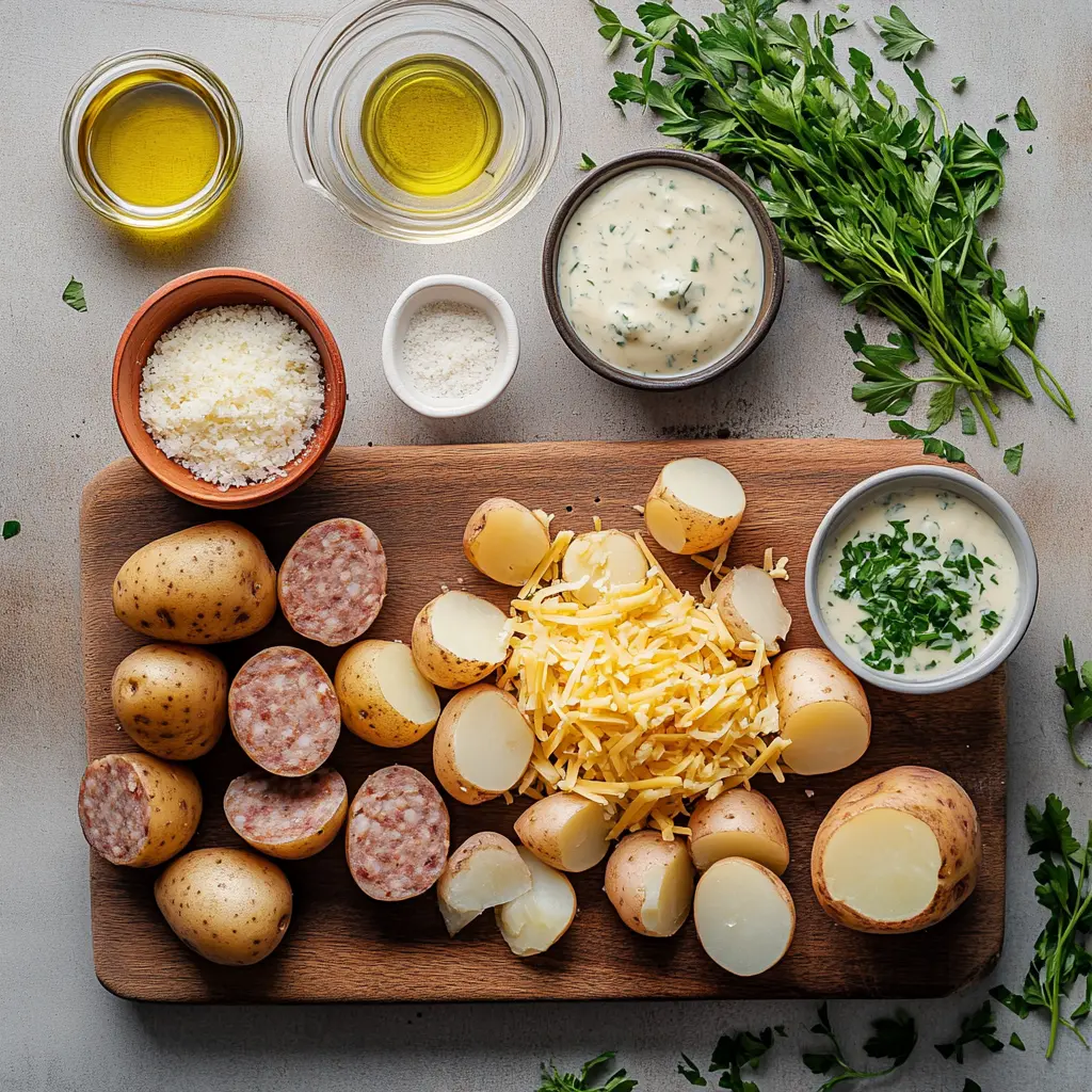 easy Cheesy Ranch Potatoes and Smoked Sausage Recipe 5 EASY CHEESY RANCH POTATOES AND SMOKED SAUSAGE in warm close up with herbs and melted cheese