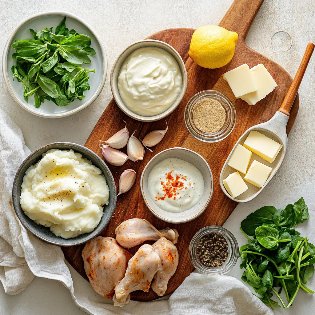 easy Creamy Garlic Chicken: Quick Delicious Delight! 5 EASY CREAMY GARLIC CHICKEN plated with mashed potatoes steamed greens and lemon wedge