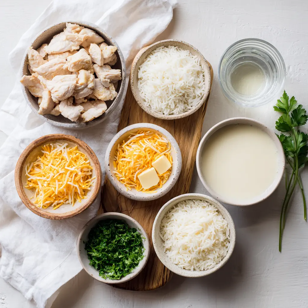 EASY CREAMY SMOTHERED CHICKEN AND RICE plated on white cloth with glass of water, warm tones
