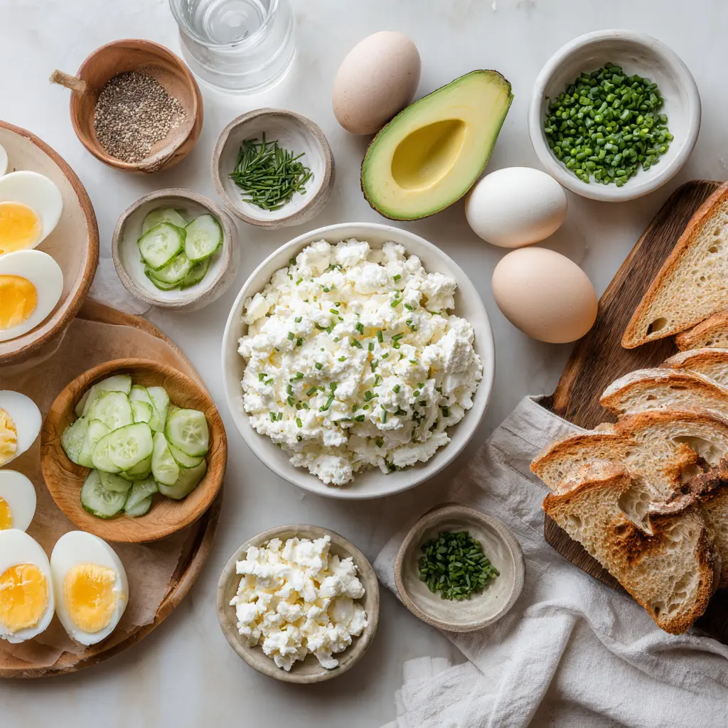 EGG SALAD WITH COTTAGE CHEESE NO MAYO on sourdough with avocado and pickles
