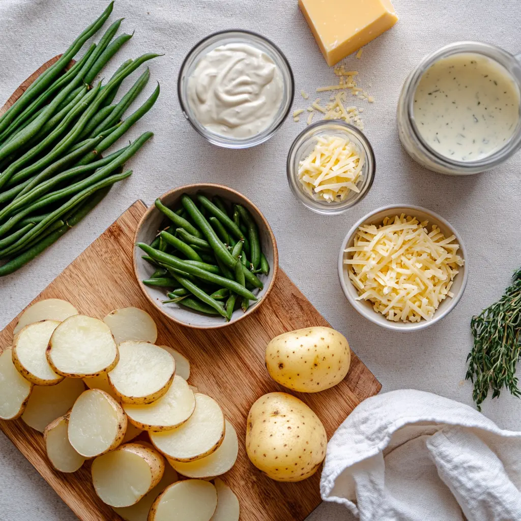 Green Bean and Potato Casserole: Simple Delicious Recipe 5 GREEN BEAN AND POTATO CASSEROLE baked casserole with potatoes green beans melted Colby cheese warm
