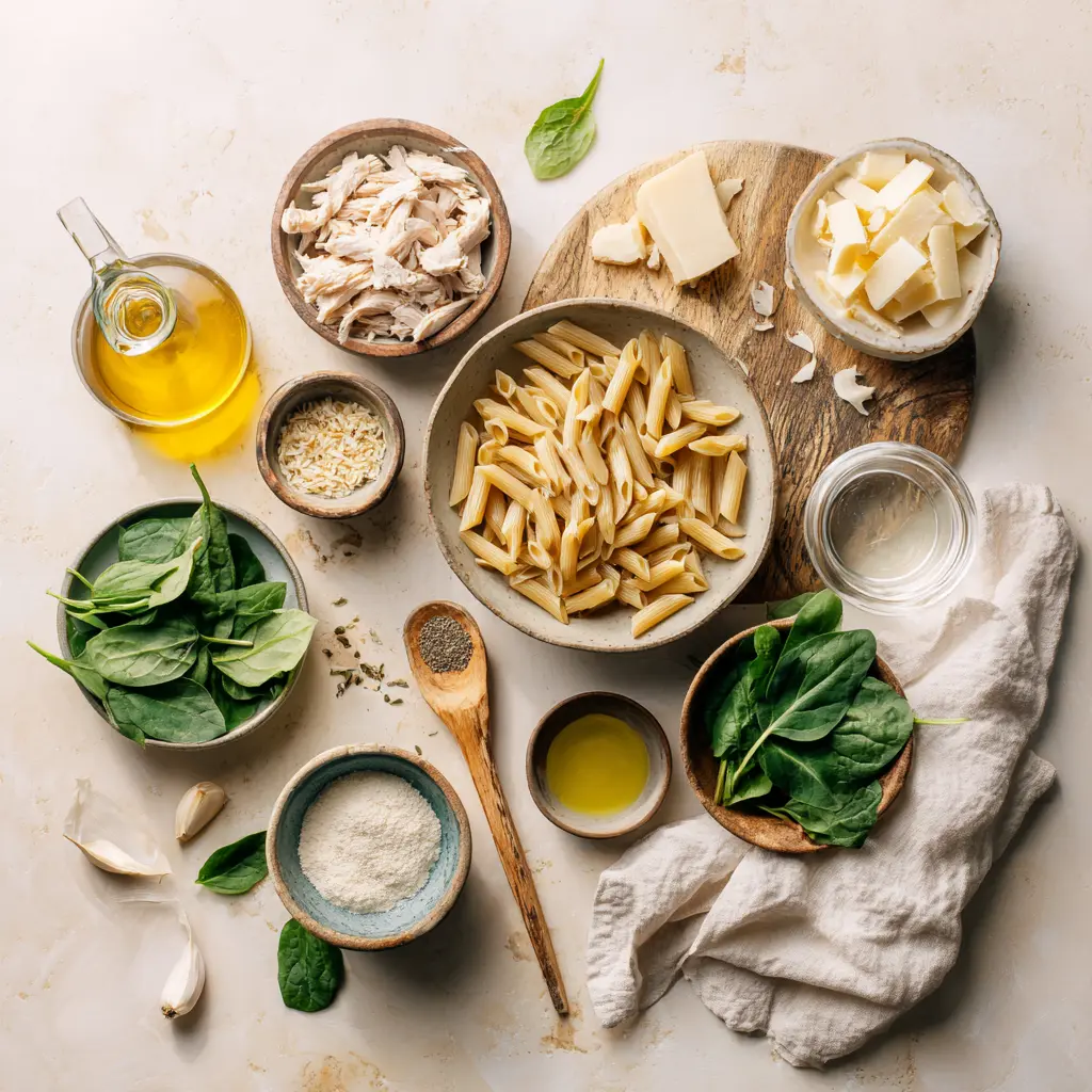 Healthy Garlic Parmesan Chicken Pasta: Easy and Delicious 5 HEALTHY GARLIC PARMESAN CHICKEN PASTA close up plated whole wheat penne with chicken and spinach