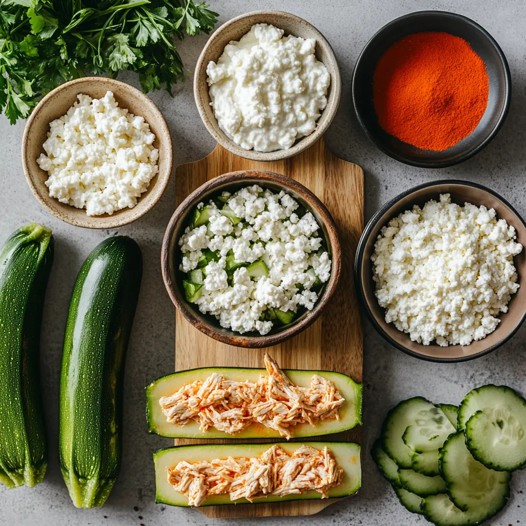 High Protein Buffalo Chicken Boats for Easy Low Cal Delight 5 HIGH PROTEIN BUFFALO CHICKEN STUFFED ZUCCHINI BOATS centered hero view, clean and uncluttered