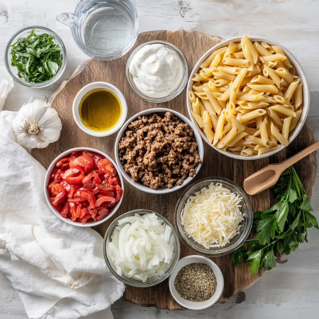 High Protein Creamy Beef Pasta Recipe: Irresistibly Delicious 5 HIGH PROTEIN CREAMY BEEF PASTA RECIPE plated penne with ground beef creamy yogurt sauce fresh herbs