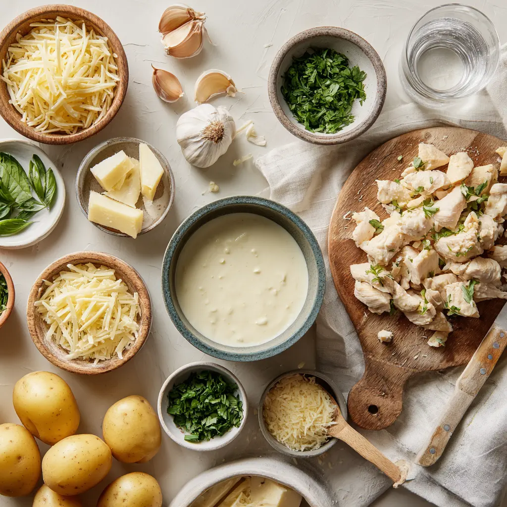 High Protein Creamy Garlic Cheesy Chicken & Potatoes Recipe - Make It Delicious 5 HIGH PROTEIN CREAMY GARLIC CHEESY CHICKEN POTATOES close up plated creamy garlic cheese chicken with potatoes