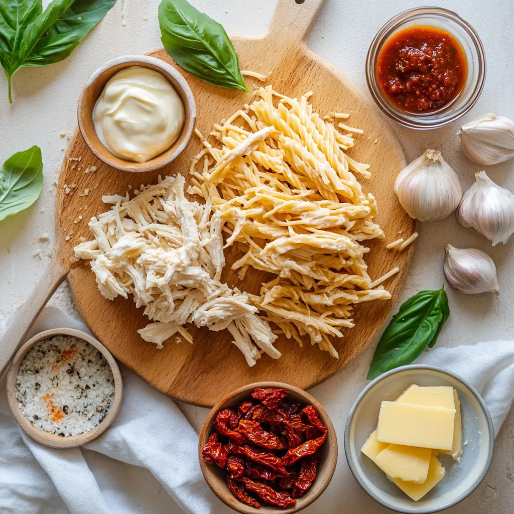 Marry Me Chicken Pasta: Quick and Irresistible Delight 5 MARRY ME CHICKEN PASTA creamy pasta with shredded chicken sun-dried tomatoes basil in warm glow