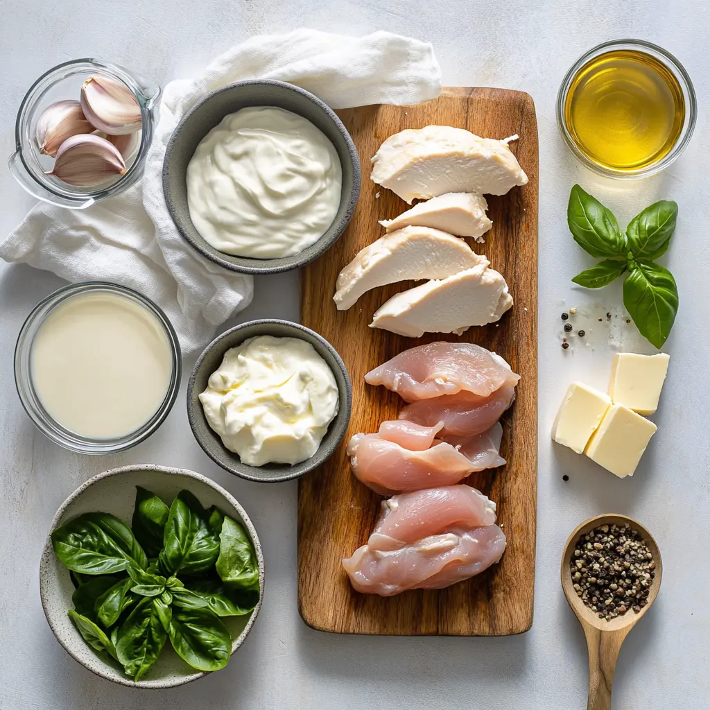 Mozzarella Chicken in Basil Cream Sauce: Easy and Delicious 5 MOZZARELLA CHICKEN IN BASIL CREAM SAUCE plated warm natural light shallow depth inviting close up