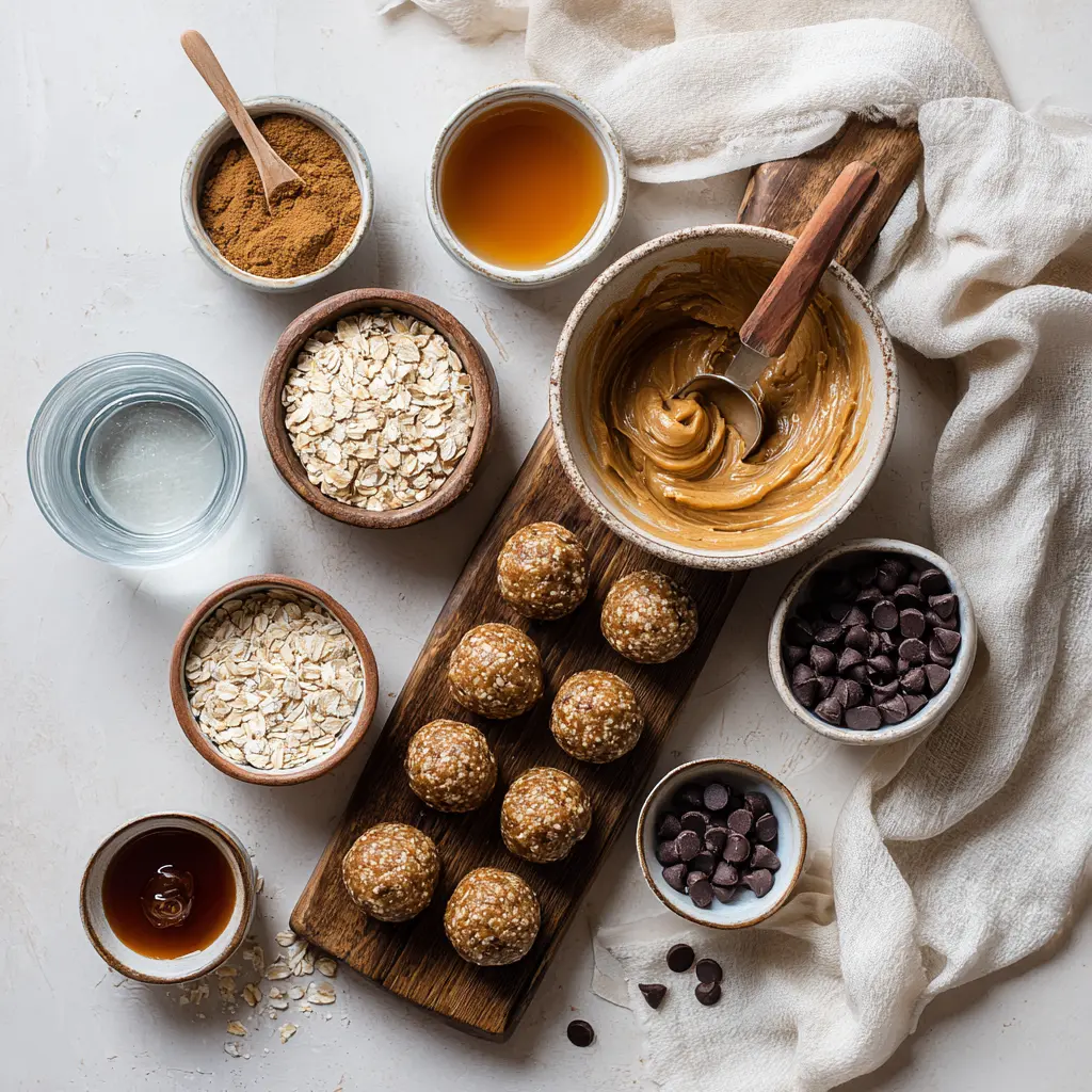 No-Bake Peanut Butter Energy Bites: Quick and Delicious 5 NO BAKE PEANUT BUTTER ENERGY BITES on white napkin with clear glass of water warm light