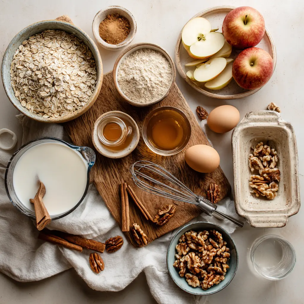 OATMEAL APPLE BREAKFAST BAKE hero image warm tones shallow depth of field glass water
