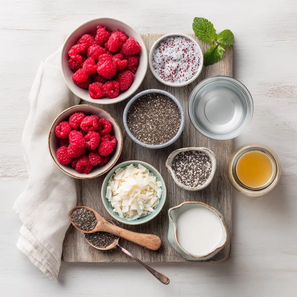Raspberry Chia Pudding: Delicious and Easy Recipe 5 RASPBERRY CHIA PUDDING topped with raspberries sliced almonds coconut flakes maple syrup and mint