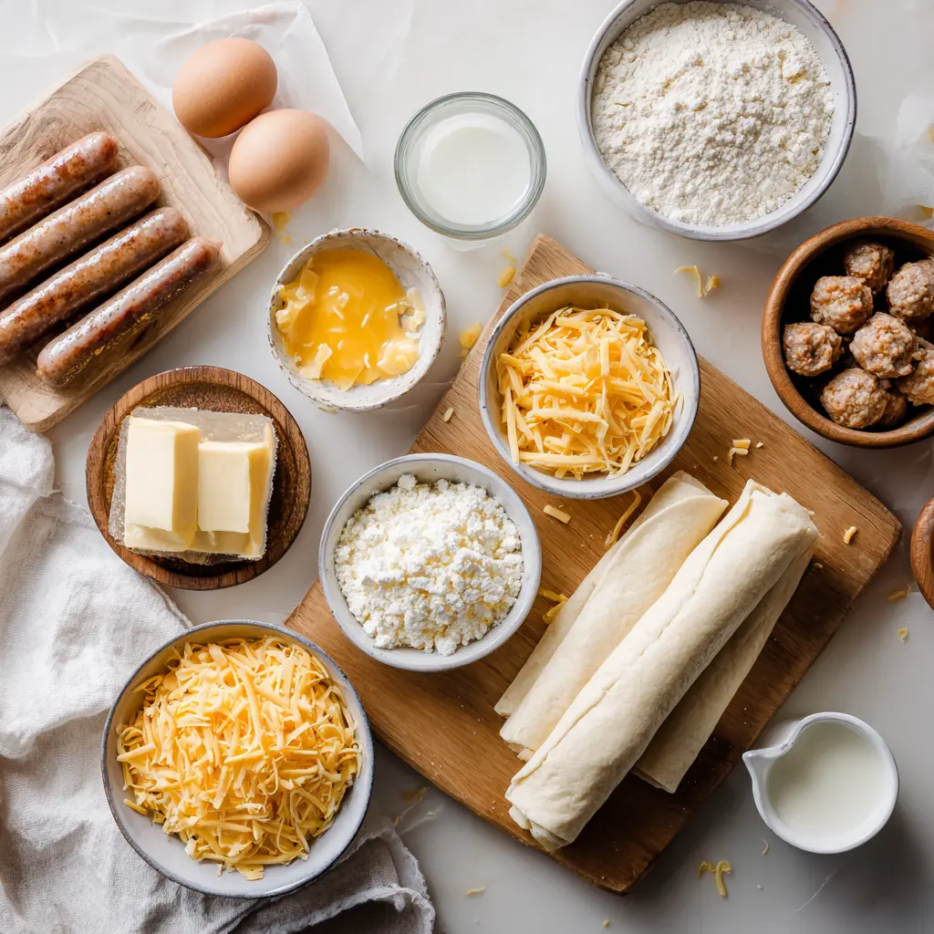 Sausage Egg Breakfast Roll-Ups: Easy and Delicious Recipe 5 SAUSAGE EGG BREAKFAST ROLL-UPS on white cloth with clear glass of water warm tones