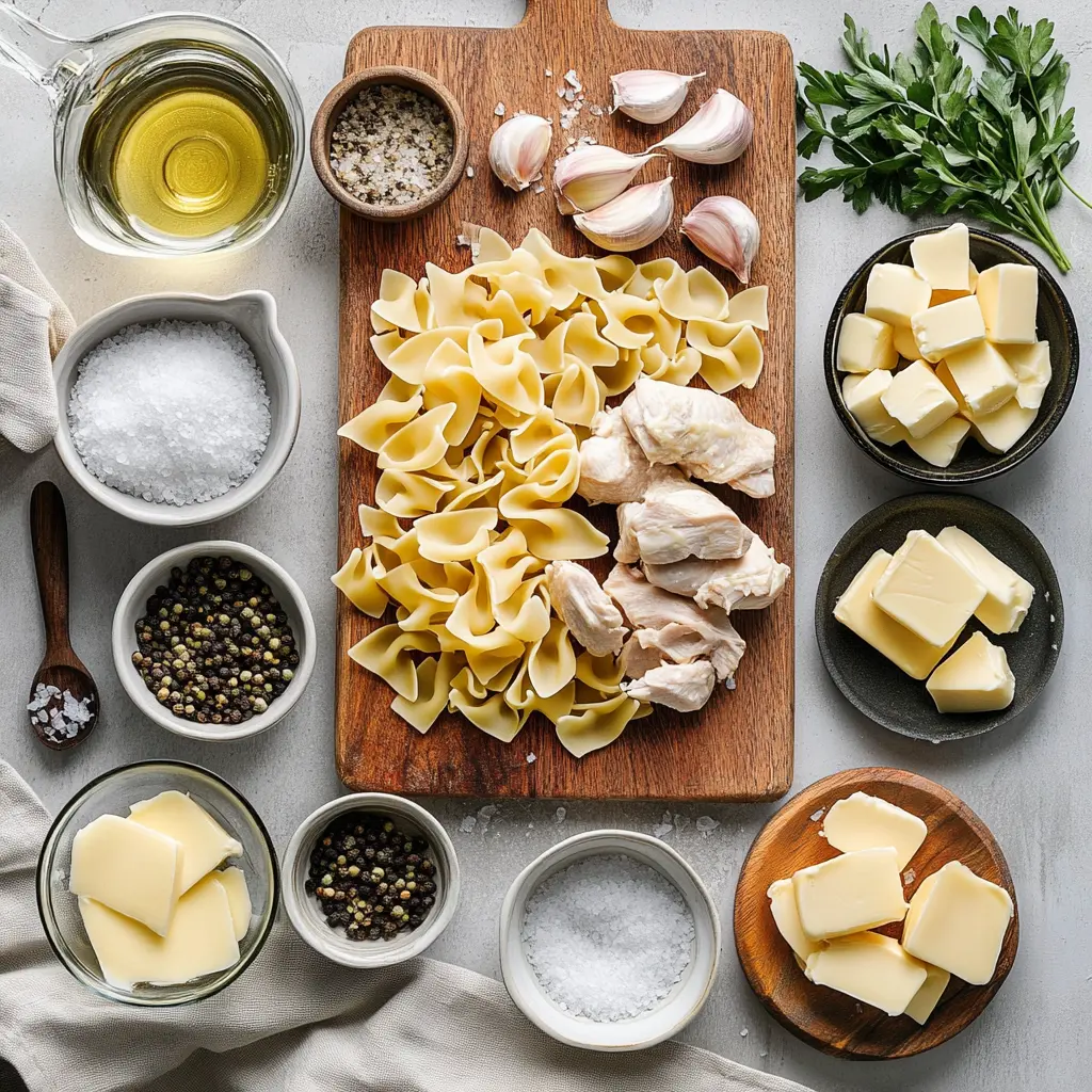 Savory One-Pan Chicken with Buttered Noodles: Simple Delicious Meal 5 SAVORY ONE-PAN CHICKEN WITH BUTTERED NOODLES plated with egg noodles herbs butter warm glow