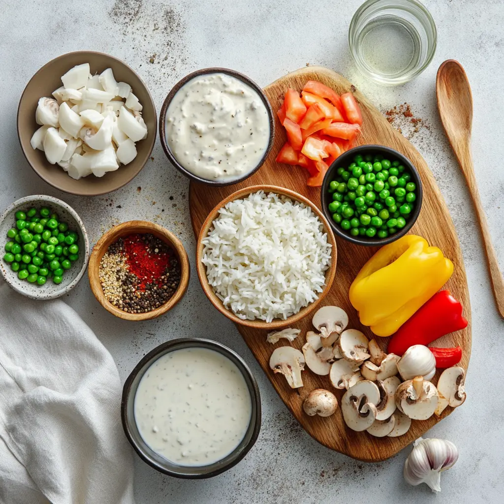 SIZZLE UP CREAMY SMOTHERED CHICKEN AND RICE plated creamy chicken and rice with herbs and peas