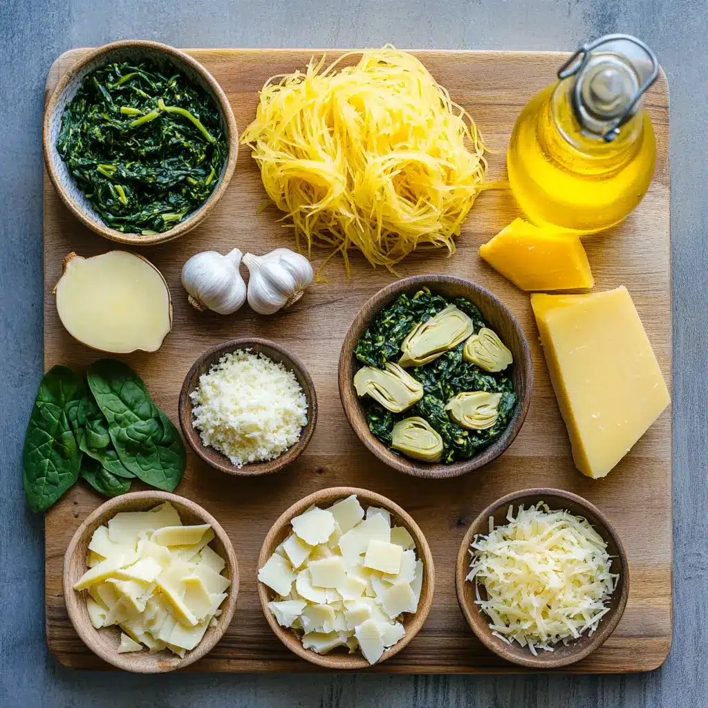 Spinach and Artichoke Stuffed Spaghetti Squash: Delicious Recipe 5 SPINACH AND ARTICHOKE STUFFED SPAGHETTI SQUASH centered hero view, clean and uncluttered