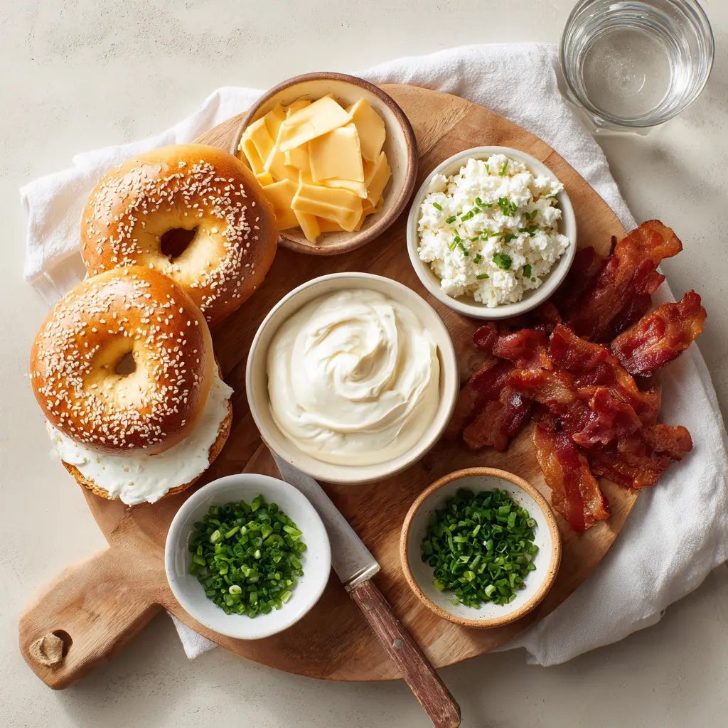 ZESTY BACON CREAM CHEESE BAGELS close-up with sesame bagel bacon cheddar creamy sauce fresh chives