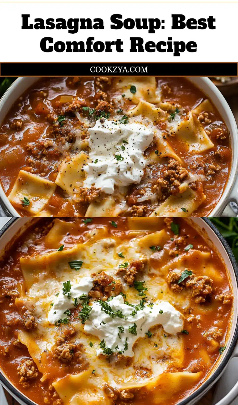 Lasagna Soup: Easy and Irresistible Cozy Recipe 6 LASAGNA SOUP centered hero view, clean and uncluttered_pin