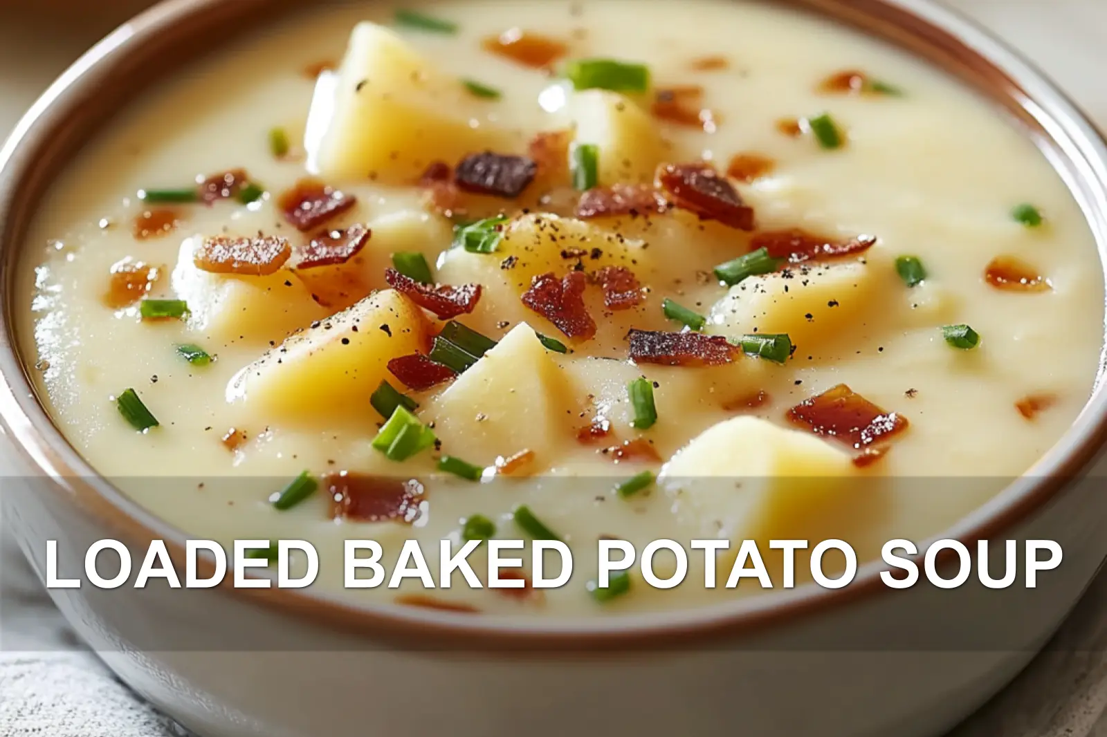 LOADED BAKED POTATO SOUP centered hero view, clean and uncluttered