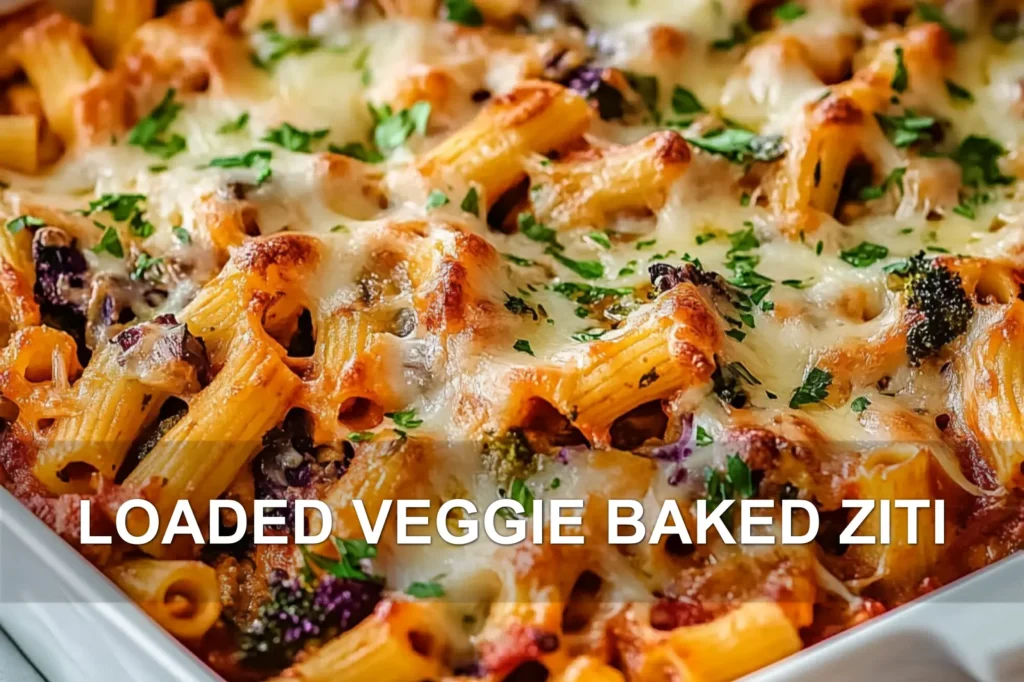 LOADED VEGGIE BAKED ZITI centered hero view, clean and uncluttered