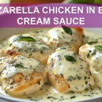 MOZZARELLA CHICKEN IN BASIL CREAM SAUCE plated warm natural light shallow depth inviting close up