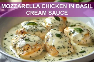 Mozzarella Chicken in Basil Cream Sauce: Easy and Delicious MOZZARELLA CHICKEN IN BASIL CREAM SAUCE plated warm natural light shallow depth inviting close up