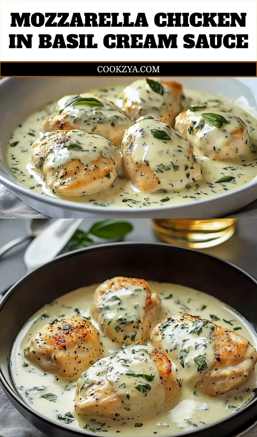 Mozzarella Chicken in Basil Cream Sauce: Easy and Delicious 6 MOZZARELLA CHICKEN IN BASIL CREAM SAUCE plated warm natural light shallow depth inviting close up_pin