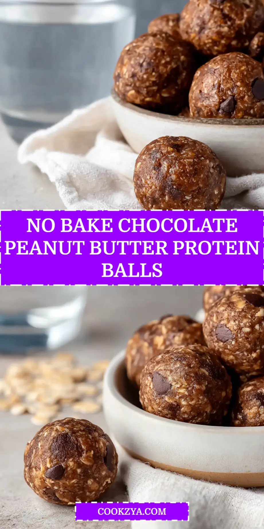 No-Bake Chocolate Peanut Butter Protein Balls: Easy Delicious Recipe 6 NO BAKE CHOCOLATE PEANUT BUTTER PROTEIN BALLS on wooden board with cloth and glass water_pin