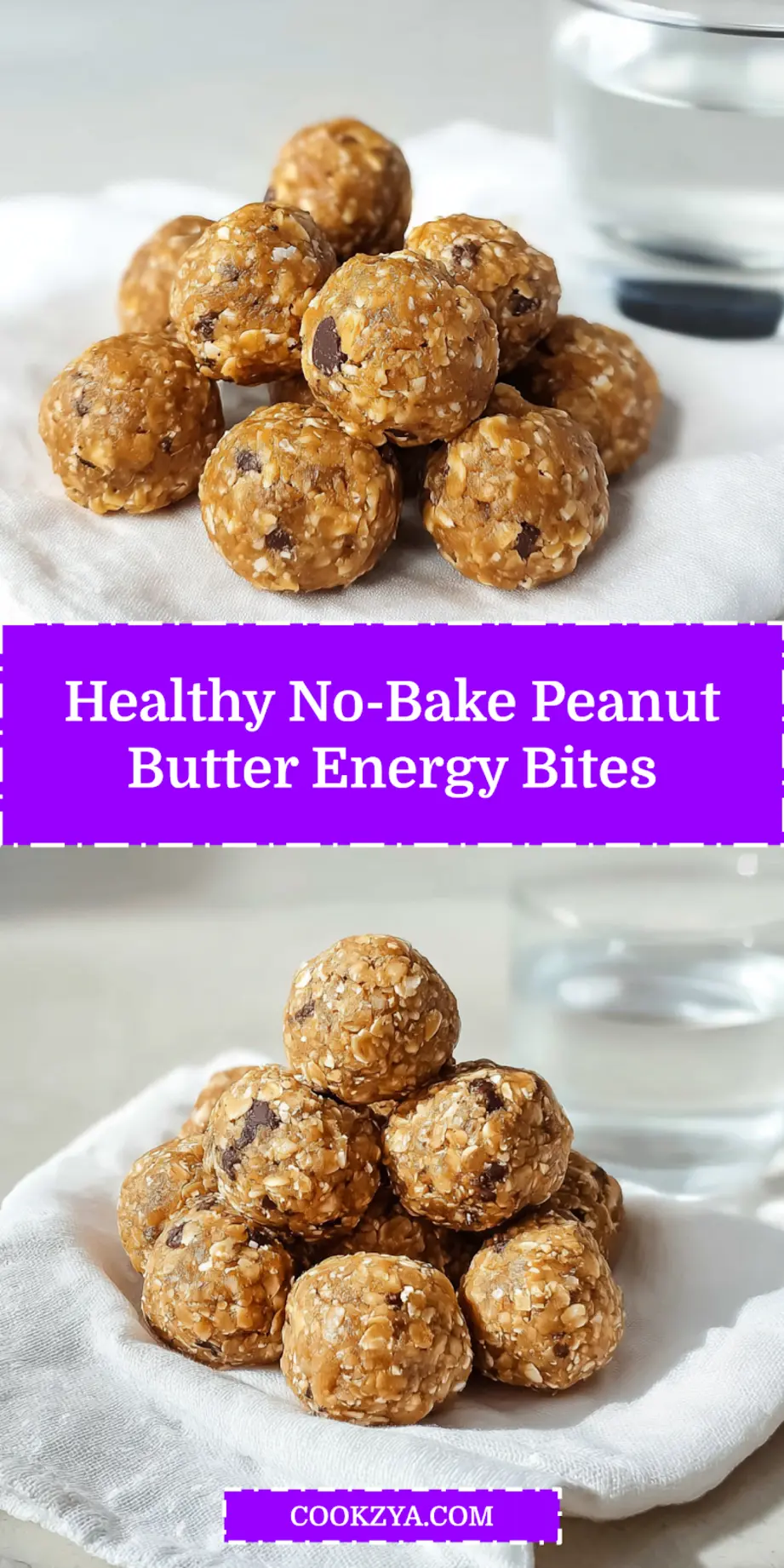 No-Bake Peanut Butter Energy Bites: Quick and Delicious 6 NO BAKE PEANUT BUTTER ENERGY BITES on white napkin with clear glass of water warm light_pin
