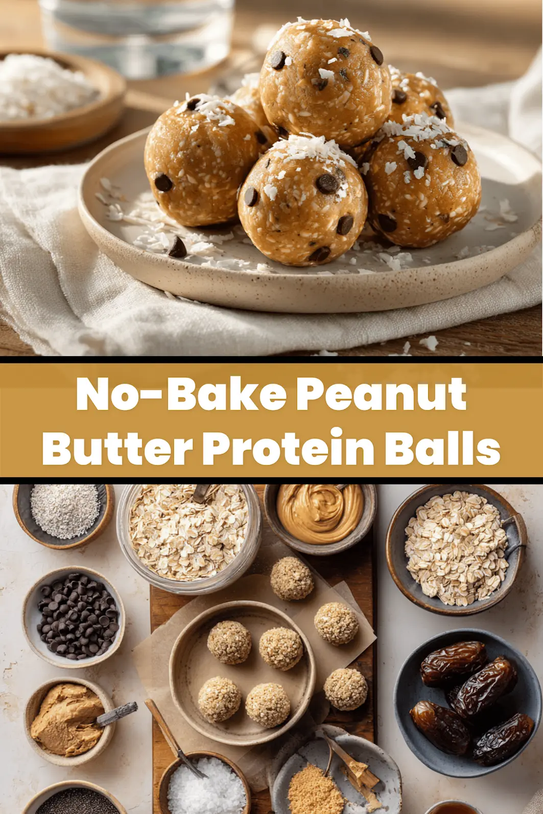 No-Bake Peanut Butter Protein Balls: Easy and Delicious Recipe 6 NO BAKE PEANUT BUTTER PROTEIN BALLS on white cloth with clear glass of water, warm styling_pin