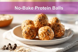 NO BAKE PROTEIN BALLS on white cloth with glass of water warm natural light