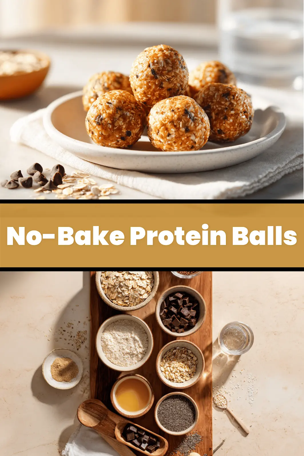 No-Bake Protein Balls: Easy and Delicious Treat 6 NO BAKE PROTEIN BALLS on white cloth with glass of water warm natural light_pin