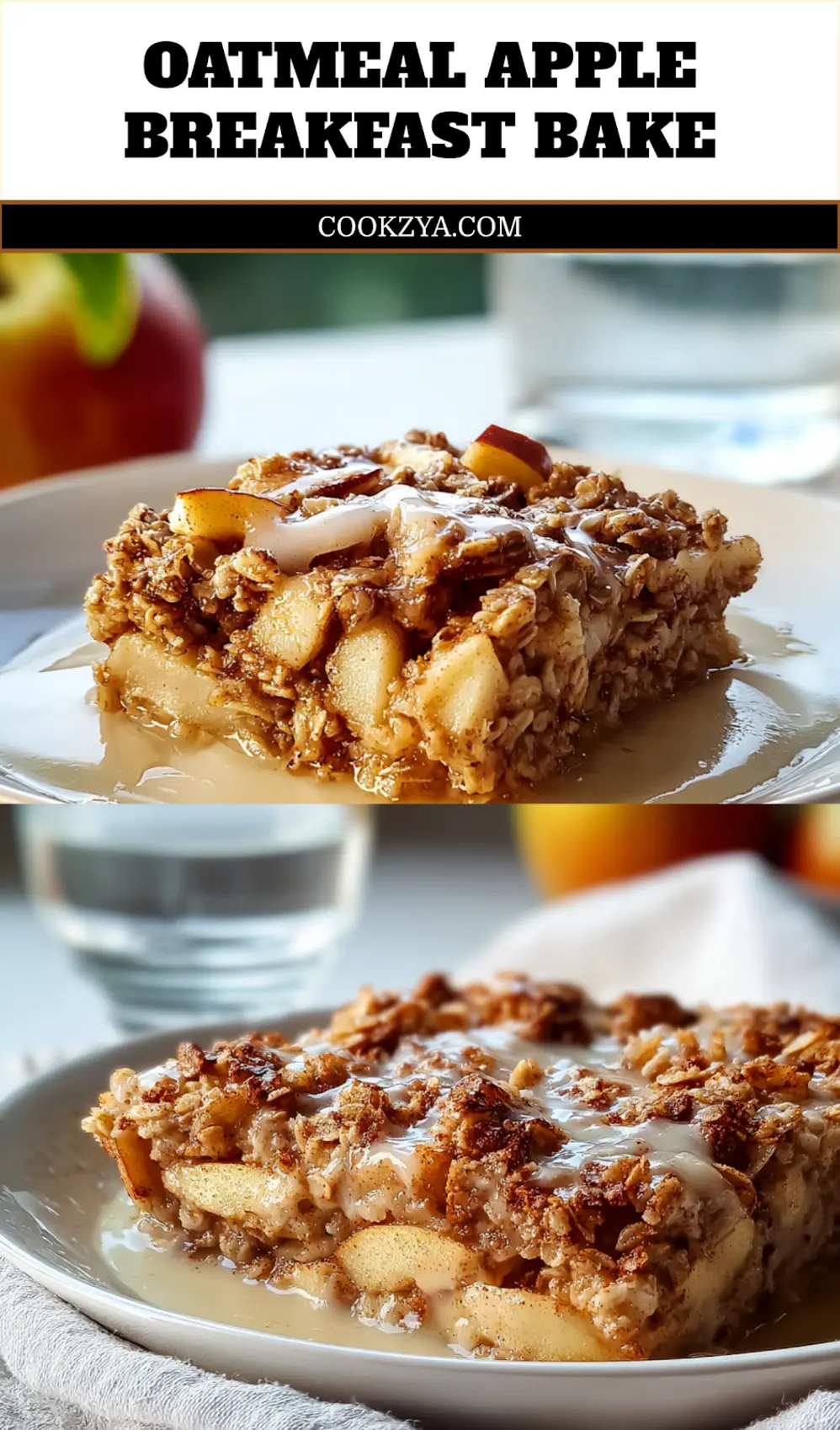 OATMEAL APPLE BREAKFAST BAKE hero image warm tones shallow depth of field glass water_pin