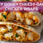 OOEY GOOEY CHEESY GARLIC CHICKEN WRAPS close-up three-quarter eye-level melted cheese herbs
