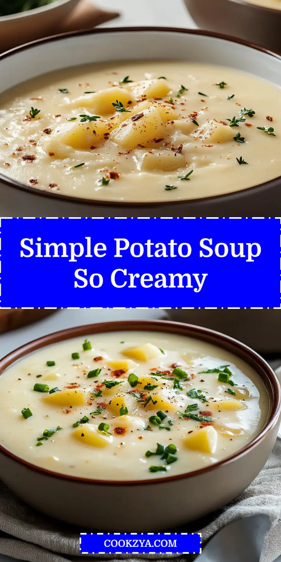 Potato Soup So Creamy Delicious and Easy Recipe 6 POTATO SOUP SO CREAMY centered hero view, clean and uncluttered_pin