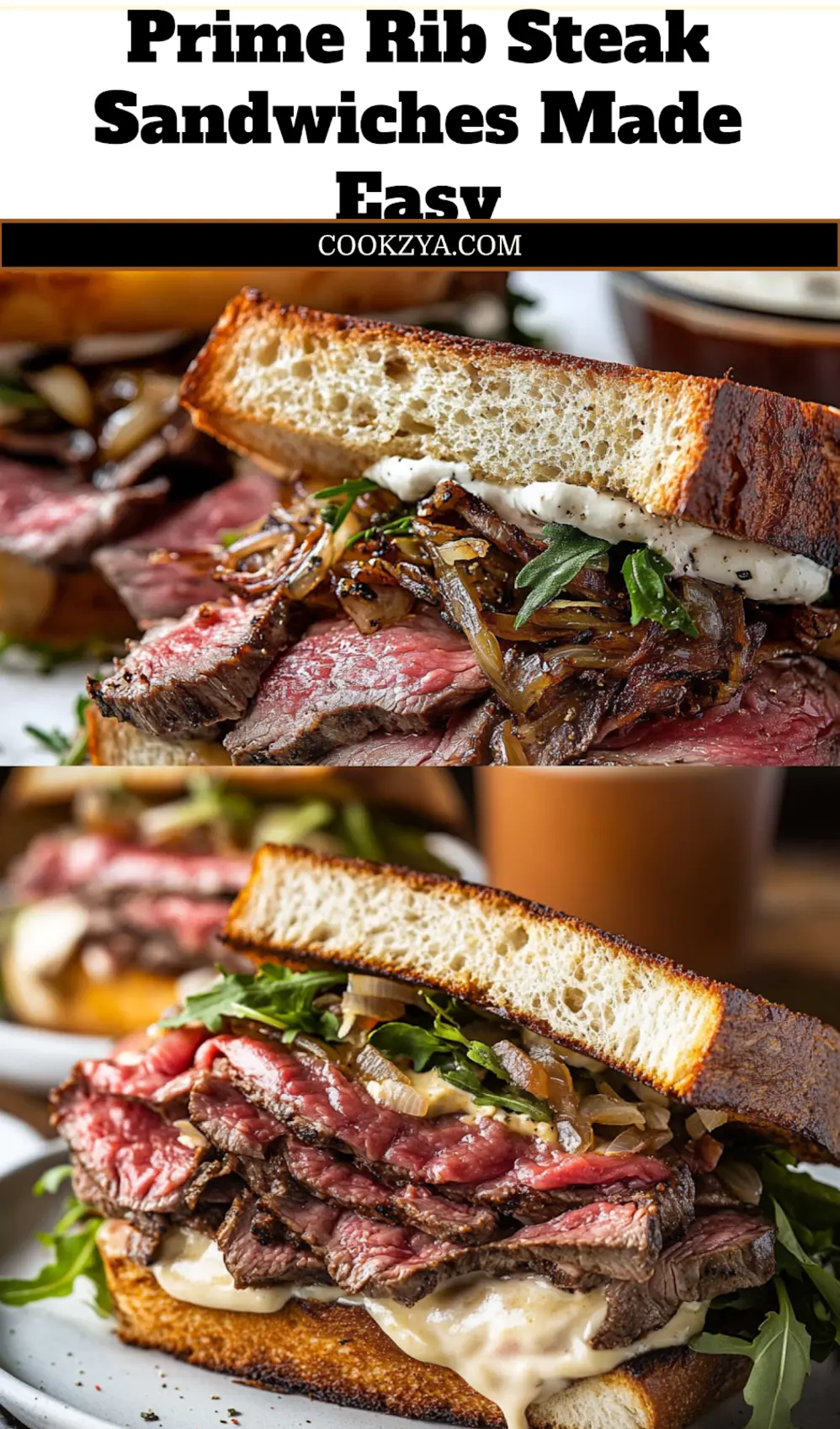 Prime Rib Steak Sandwiches: Irresistibly Delicious Recipes 6 PRIME RIB STEAK SANDWICHES centered hero view, clean and uncluttered_pin