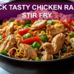QUICK TASTY CHICKEN RAMEN STIR FRY vibrant plated stir fry on white napkin clear water glass