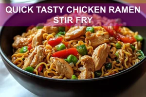 QUICK TASTY CHICKEN RAMEN STIR FRY vibrant plated stir fry on white napkin clear water glass