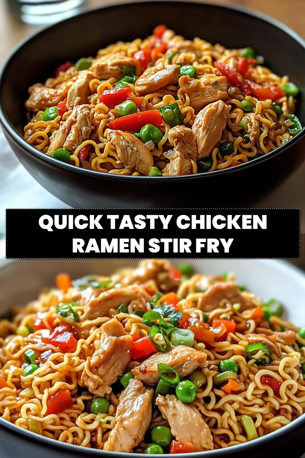 Quick & Tasty Chicken Ramen Stir Fry: Ultimate Recipe Joy 6 QUICK TASTY CHICKEN RAMEN STIR FRY vibrant plated stir fry on white napkin clear water glass_pin