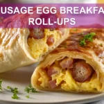 SAUSAGE EGG BREAKFAST ROLL-UPS on white cloth with clear glass of water warm tones