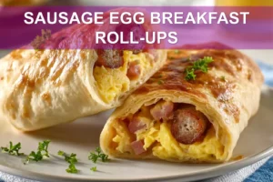 Sausage Egg Breakfast Roll-Ups: Easy and Delicious Recipe SAUSAGE EGG BREAKFAST ROLL-UPS on white cloth with clear glass of water warm tones