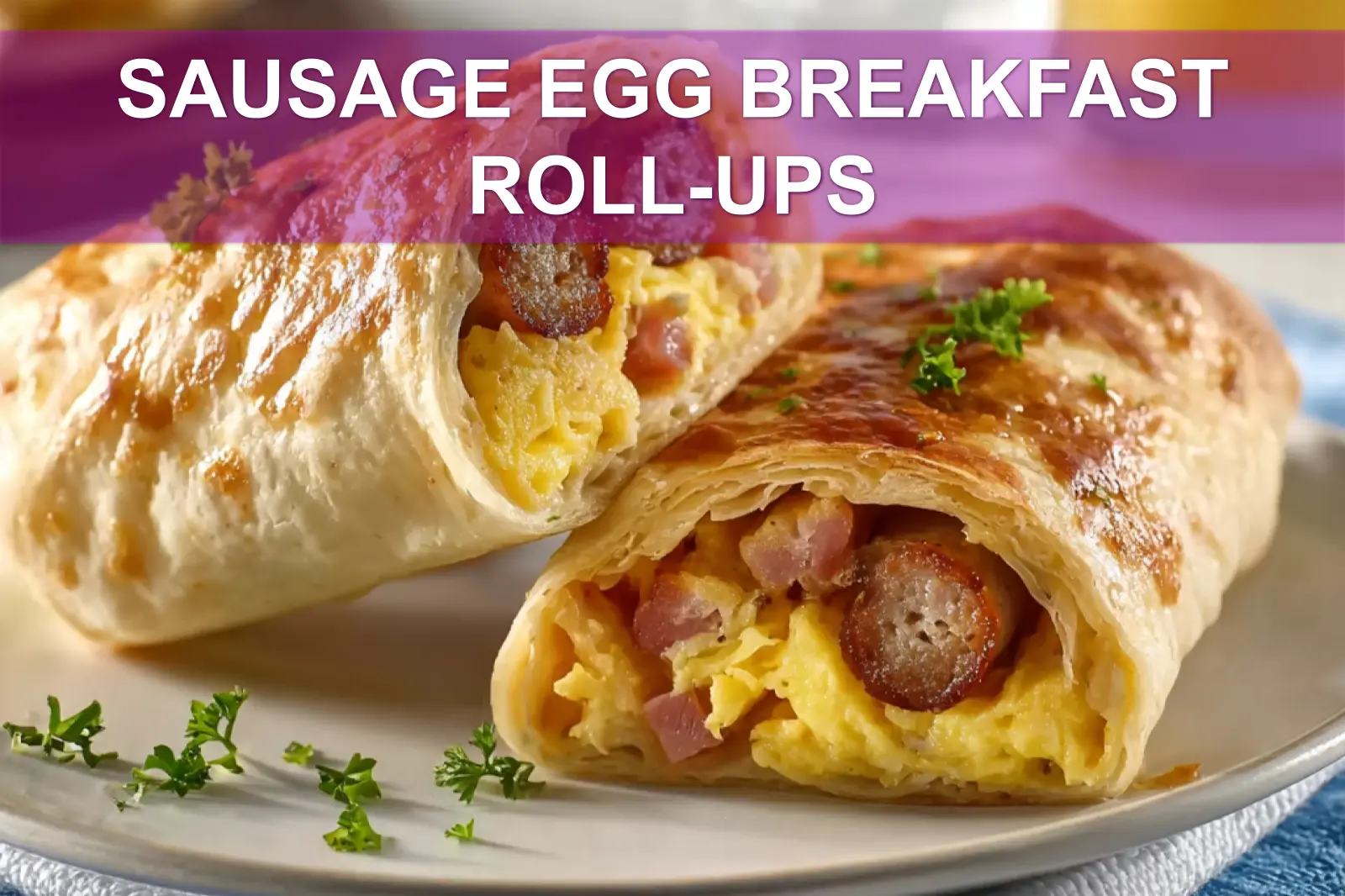 SAUSAGE EGG BREAKFAST ROLL-UPS on white cloth with clear glass of water warm tones