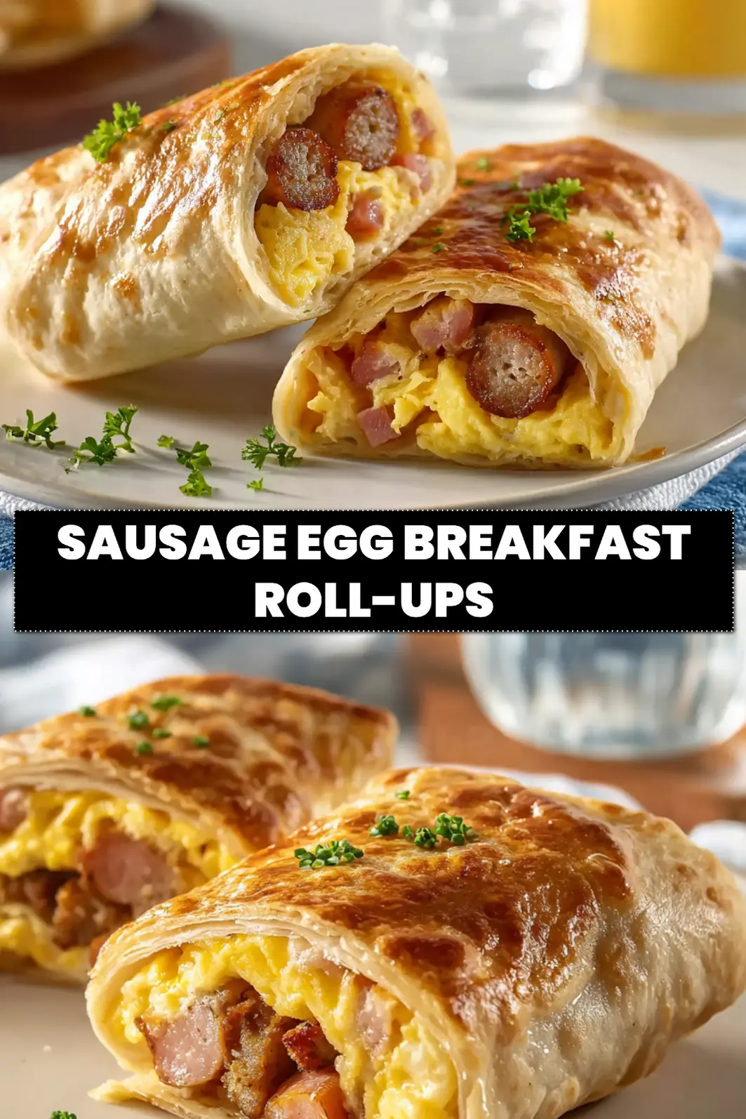 Sausage Egg Breakfast Roll-Ups: Easy and Delicious Recipe 6 SAUSAGE EGG BREAKFAST ROLL-UPS on white cloth with clear glass of water warm tones_pin